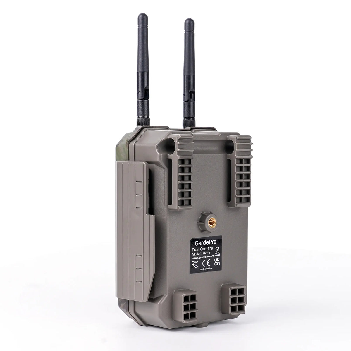 Rear profile of GardePro E6 2.0 trail camera displaying dual antennas and rugged mounting brackets.