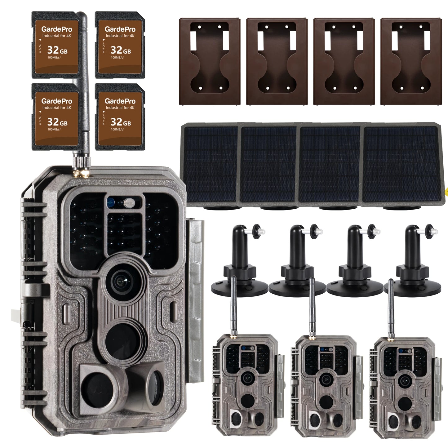 GardePro E9P Close Focus WiFi Trail Camera 4 pack with solar panel, SD card, wall mount, and security box for wildlife use