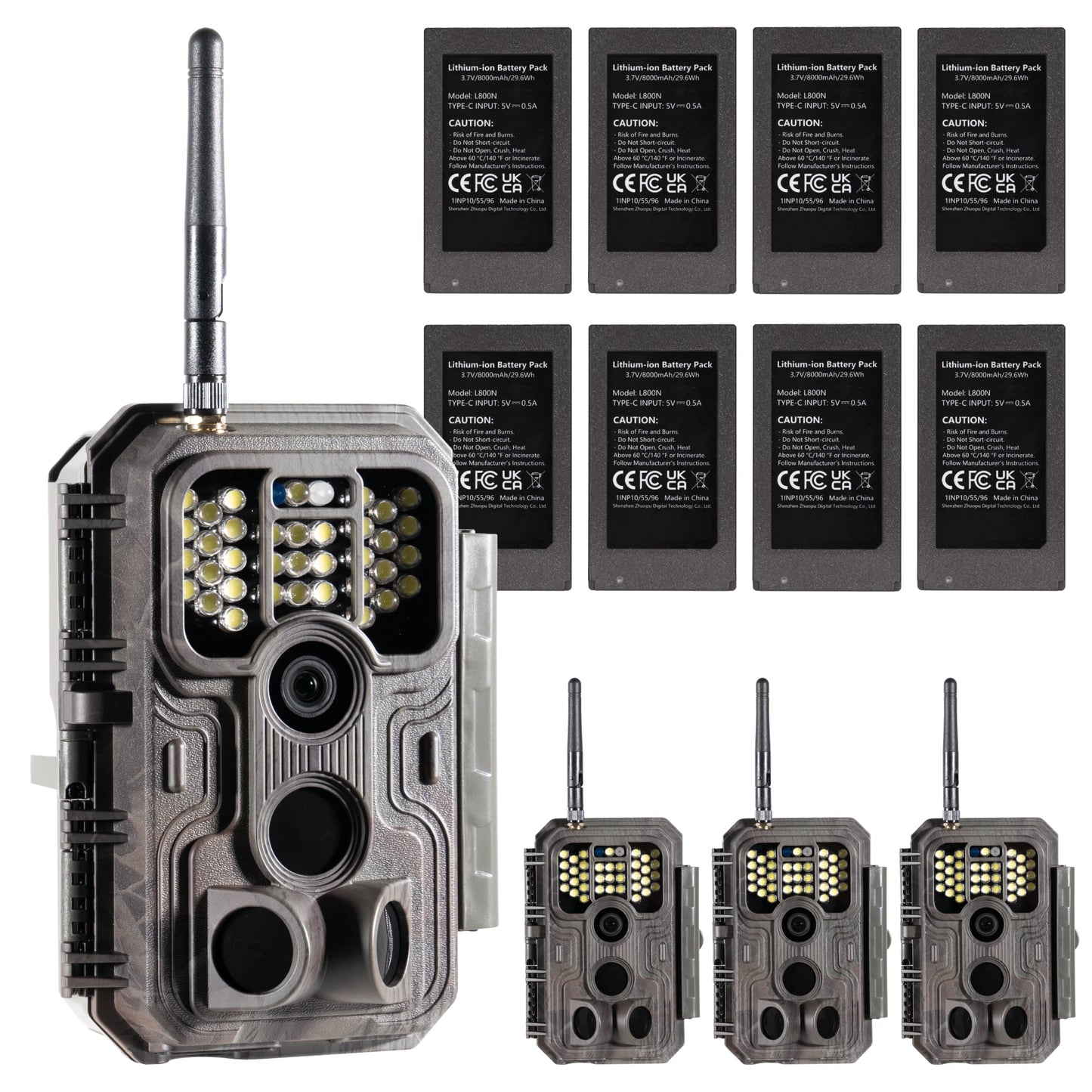 4-pack of GardePro E9P White Flash WiFi trail cameras with 4 extra rechargeable lithium batteries for extended outdoor surveillance.