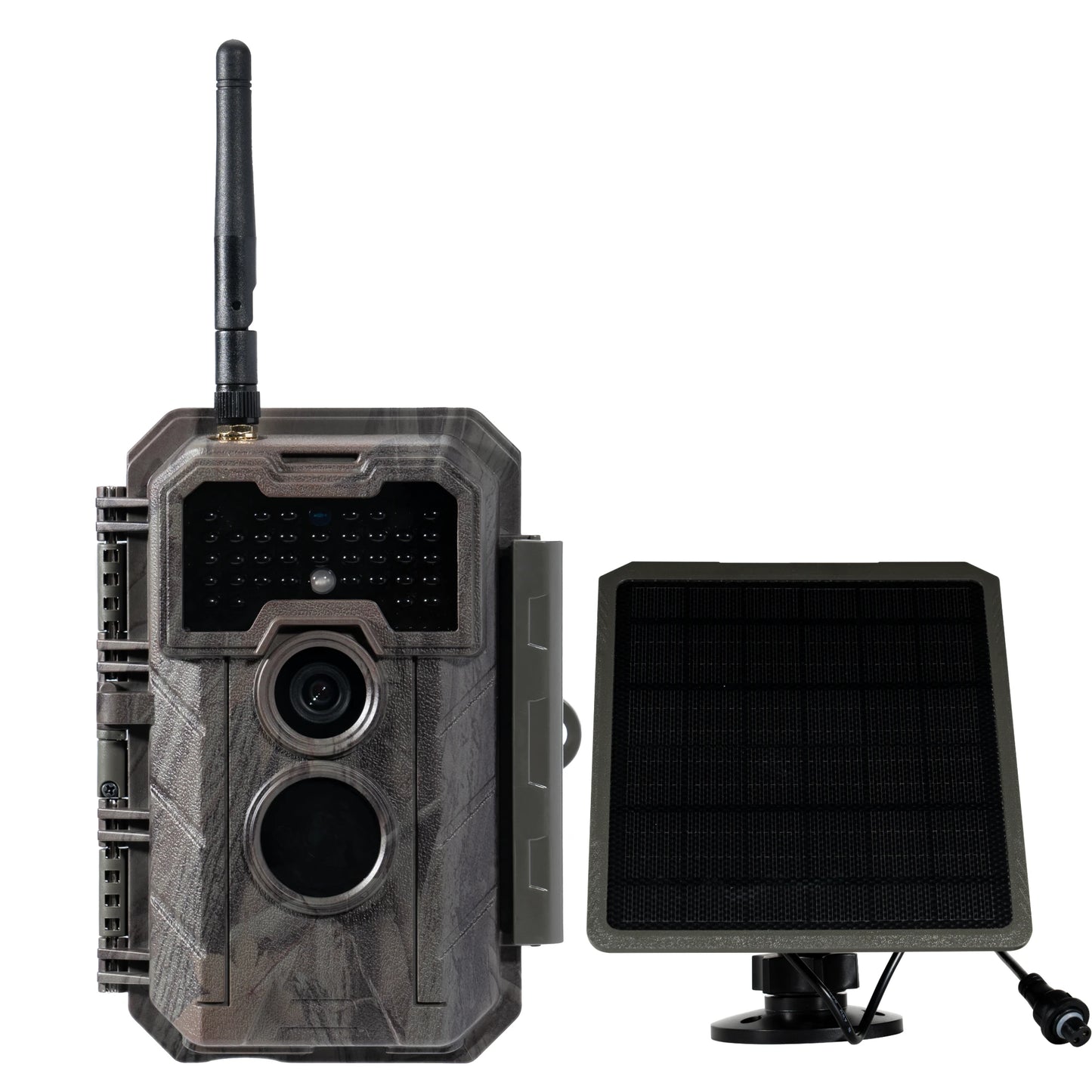 GardePro E7 WiFi trail camera with solar panel for continuous, eco-friendly outdoor wildlife monitoring.