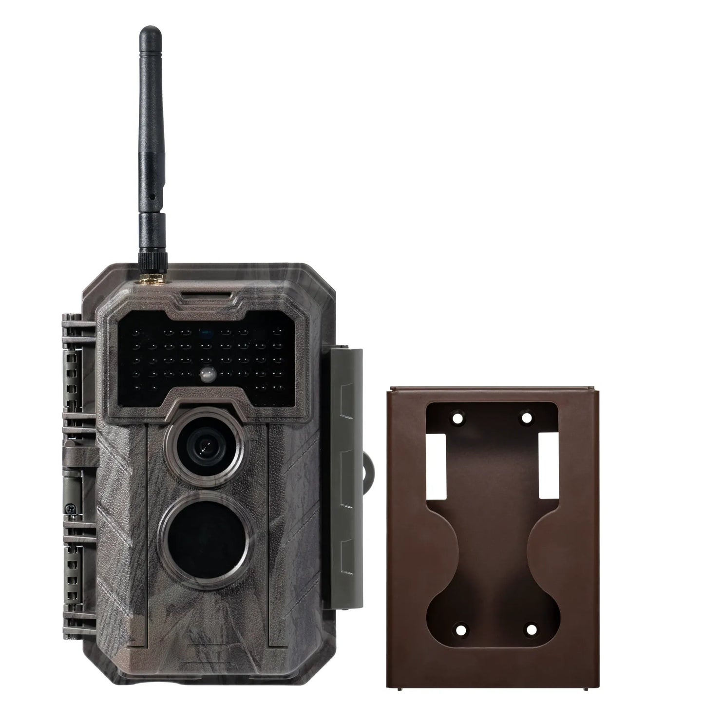 GardePro E7 WiFi trail camera with included metal security box for theft protection and secure outdoor installation.