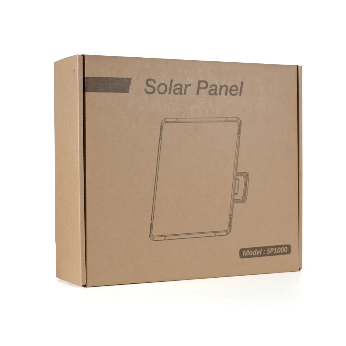 Eco-friendly packaging for the GardePro SP1000 solar panel, featuring a minimalist cardboard box with printed product outline and model label.