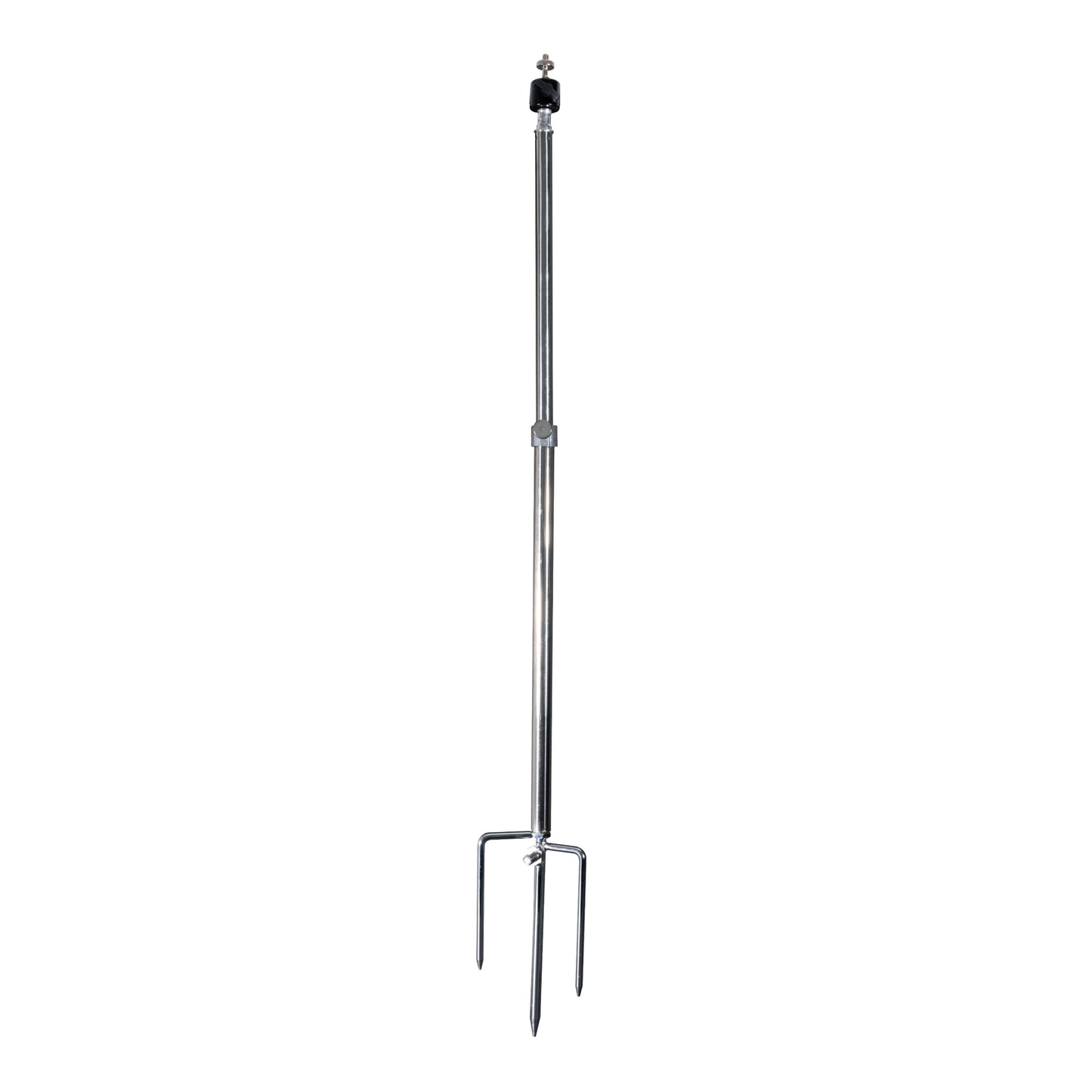 A silver-colored metal ground stake mount for trail cameras with a pointed end for insertion into the ground and a top mount for attaching a camera.