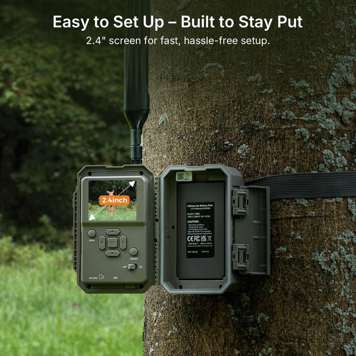 GardePro X66 cellular trail camera mounted on a tree, featuring a 2.4-inch screen for fast setup and instant image review in the field.