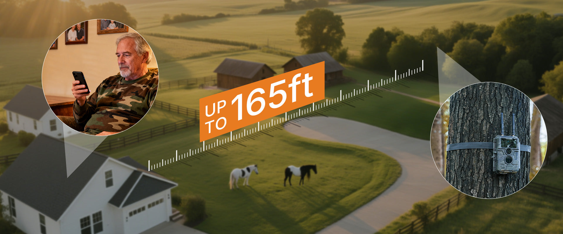 GardePro E6+ WiFi trail camera demonstrating its 165ft dual-antenna long-range connectivity in a rural property setting