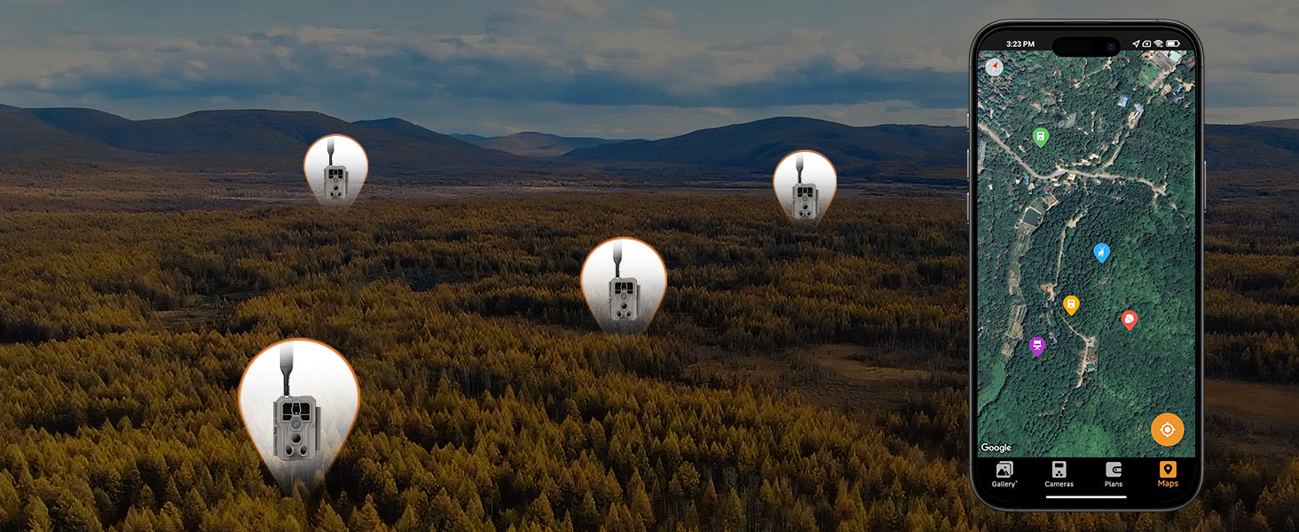 GardePro X66 Pro cellular trail cameras deployed across a forest, shown with GPS location tracking in the GardePro app