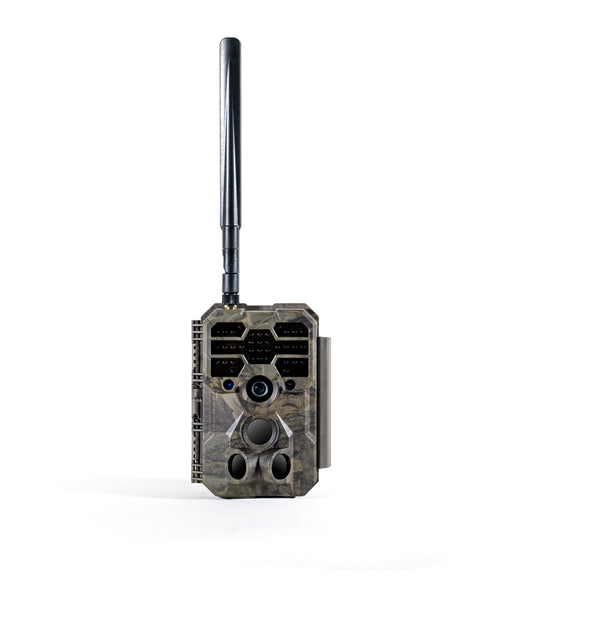 Front view of GardePro X80 cellular trail camera with single antenna and camouflage finish.