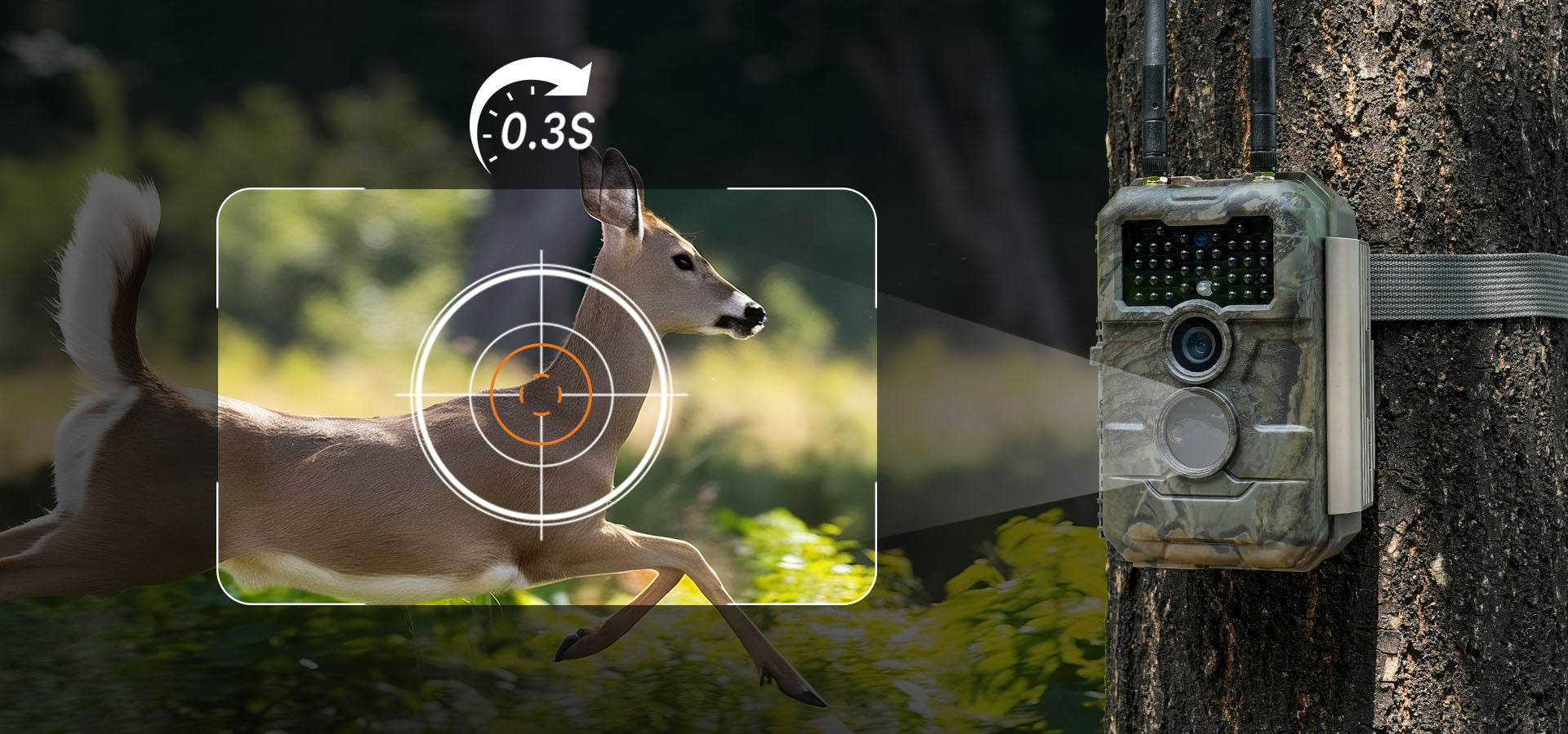 Running whitetail buck captured by GardePro E6+ WiFi trail camera, highlighting its 0.3s blazing-fast trigger speed