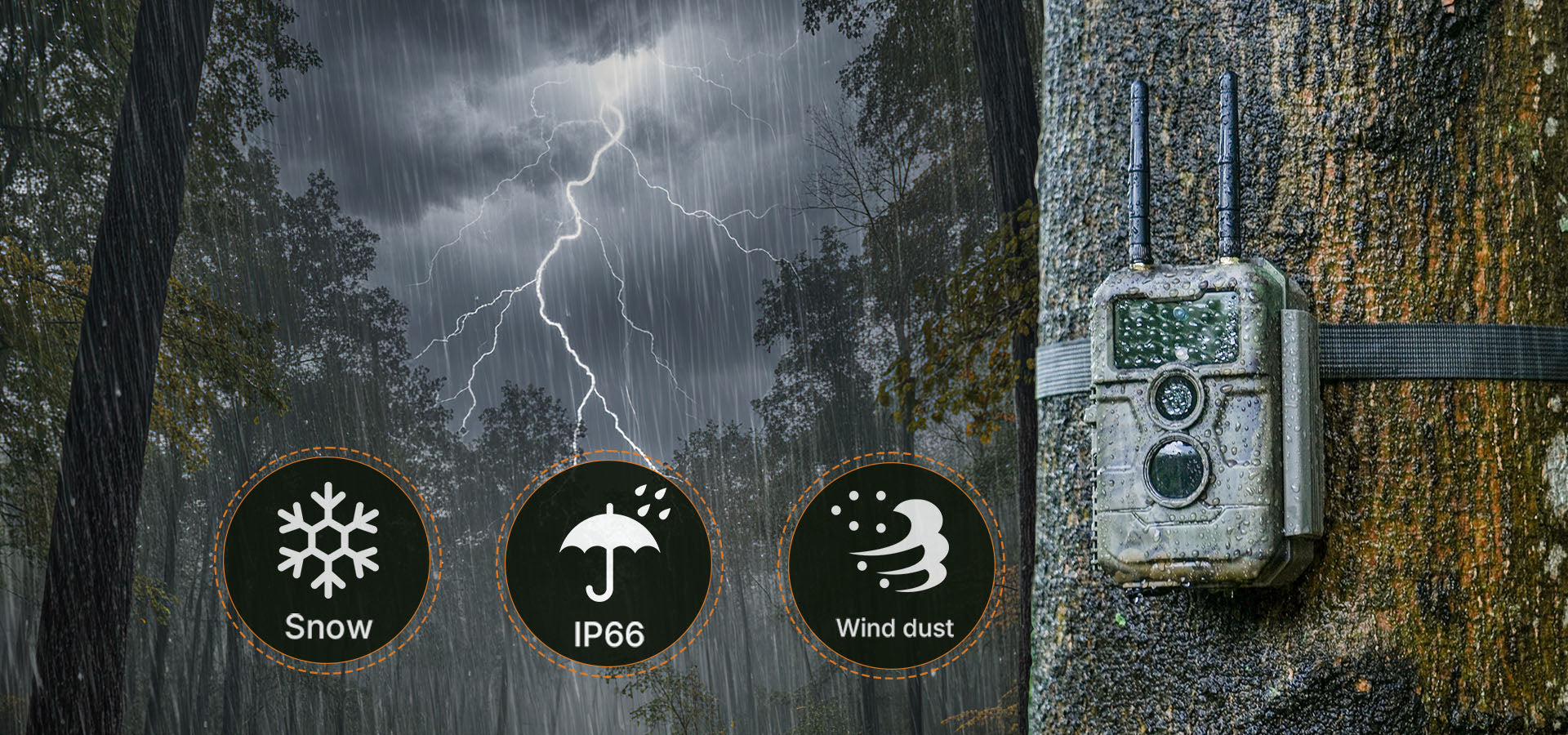 GardePro E6+ WiFi trail camera mounted on a tree in a storm, demonstrating its IP66 waterproof and dustproof design