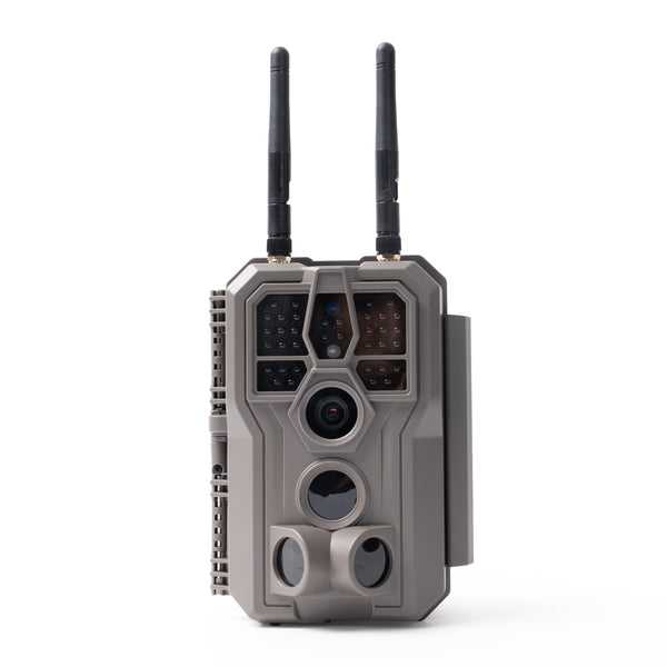 Front view of grey GardePro E8 2.0 Wi-Fi trail camera featuring dual antennas.