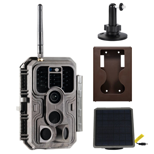 GardePro E9P Close Focus Wi-Fi trail camera with solar panel, wall mount, and security box for wildlife surveillance.