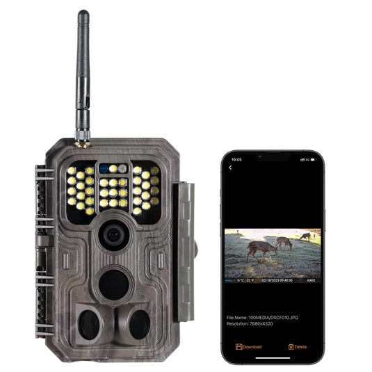GardePro E9P White Flash WiFi trail camera with Sony sensor, shown transmitting vivid color night vision footage to a smartphone.