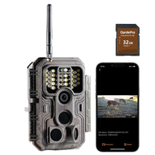 GardePro E9P White Flash WiFi trail camera with 32GB SD card, displaying captured wildlife footage on a smartphone via wireless connection.
