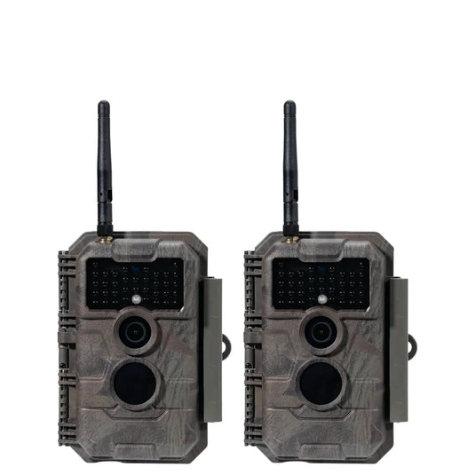 2-Pack bundle of GardePro E6 Wi-Fi trail cameras with camouflage casing.