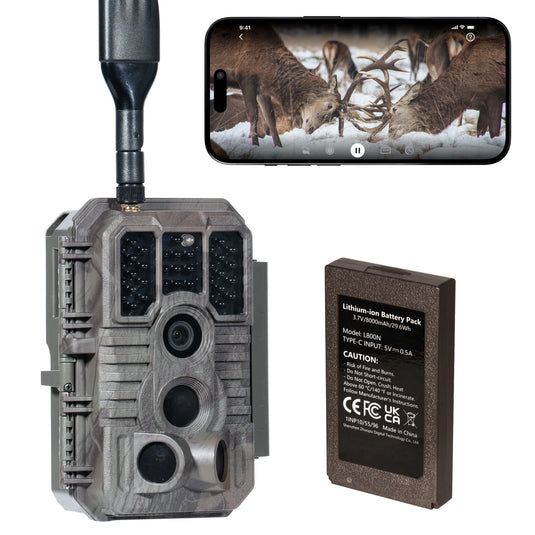 GardePro X60P Live Max trail camera bundle with rechargeable lithium battery pack and live streaming support.