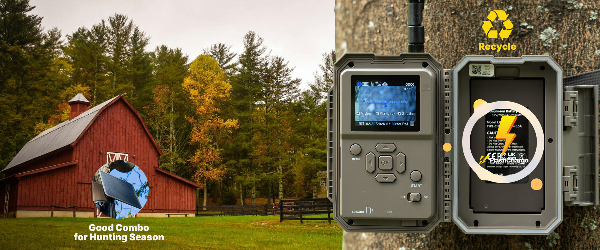 GardePro X66 Pro cellular trail camera with its 7800mAh rechargeable battery, highlighting fast-charge technology and solar compatibility for hunting season